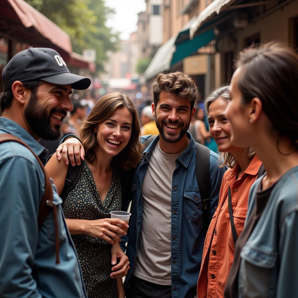 People from different cultures interacting and smiling