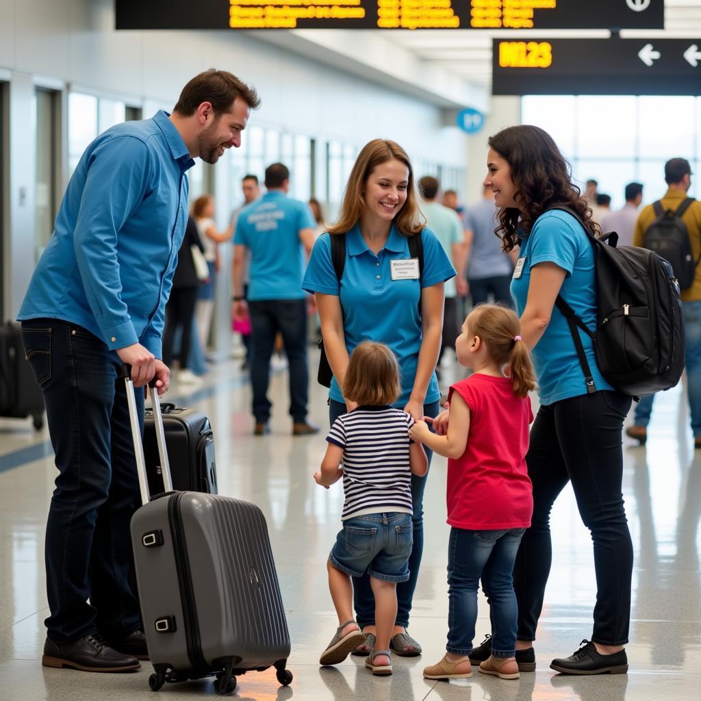 Volunteers from Travelers Aid Society assisting a family at the airport