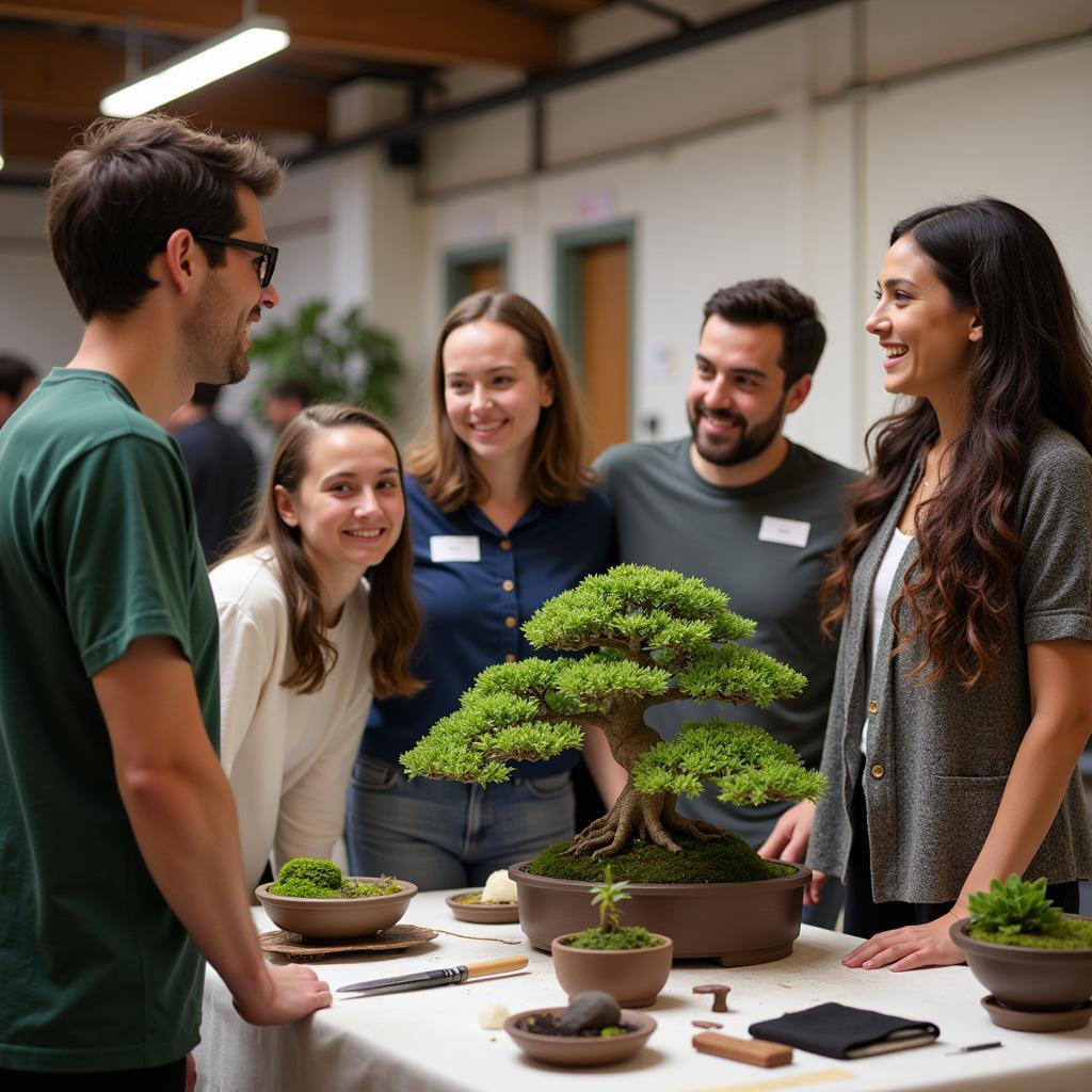 Members of a triangle bonsai society meet to share techniques.