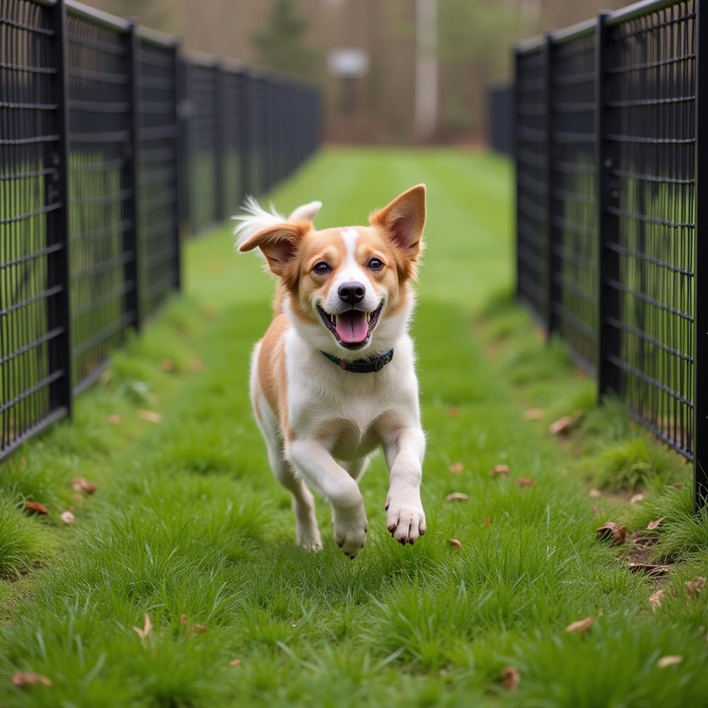 A happy dog enjoying playtime in a grassy area at the Tuscarawas County Humane Society 