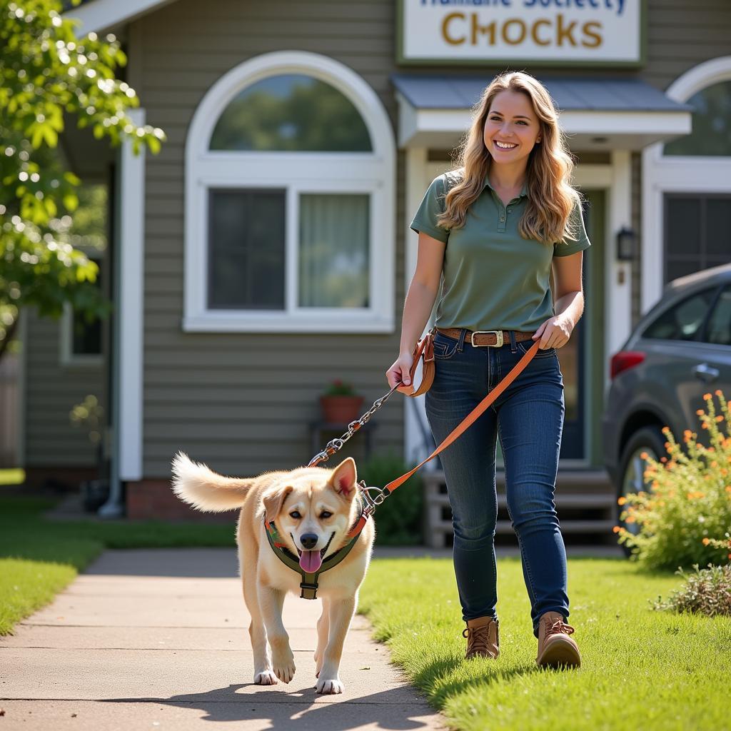 Volunteers walking a dog at the Tuscarawas County Humane Society