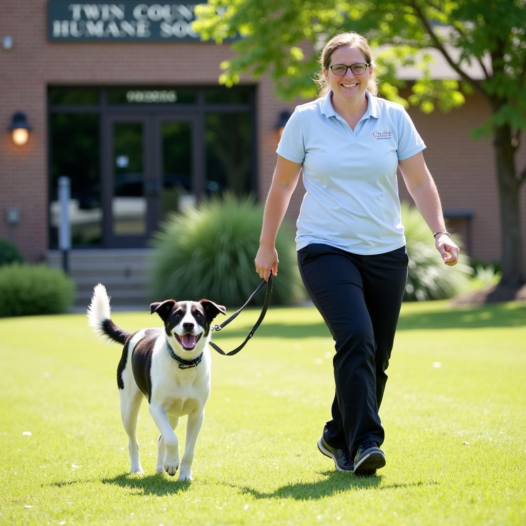 Volunteer walking a happy dog at the Twin County Humane Society