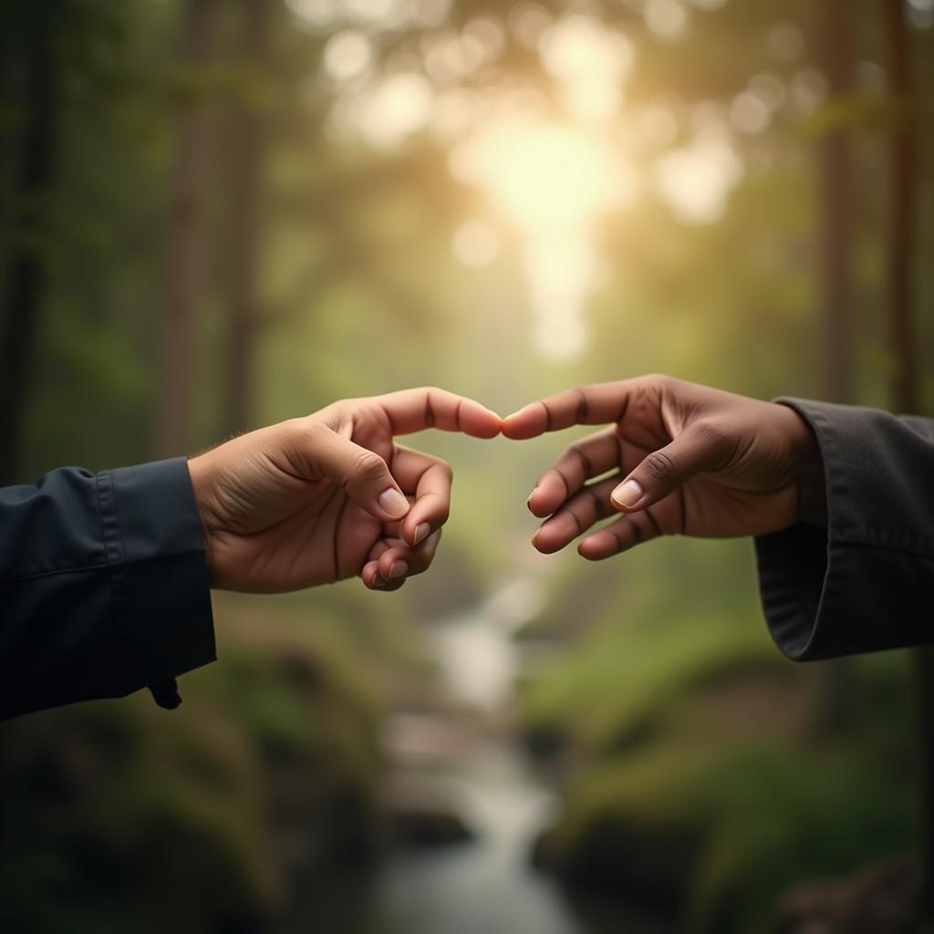 Two hands reaching towards each other against a blurred background, symbolizing connection, empathy, and the desire to bridge divides.