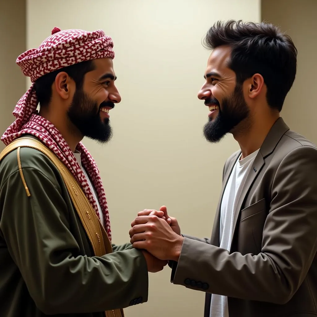 Two men from different backgrounds shaking hands