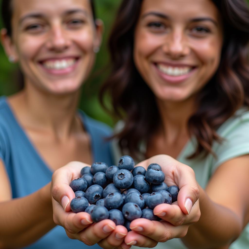 Two People from Different Cultures Sharing Blueberries