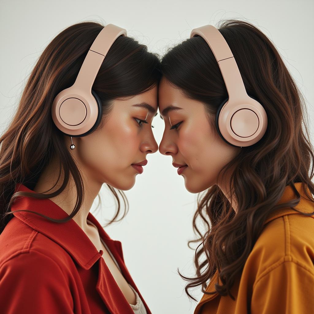 Two people sharing headphones, deeply engrossed in a song