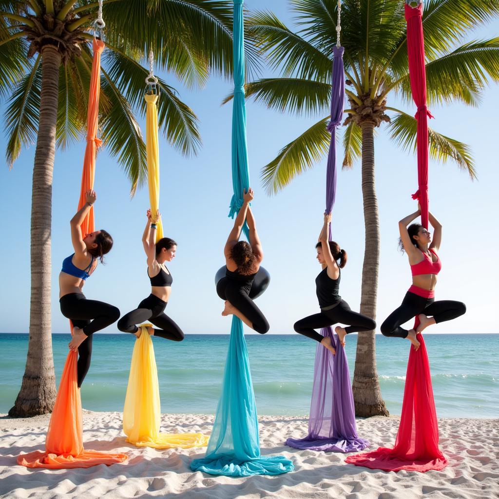 Unique Palm Beach Yoga Experience: Aerial yoga practitioners perform poses suspended from silks against a backdrop of palm trees and ocean.