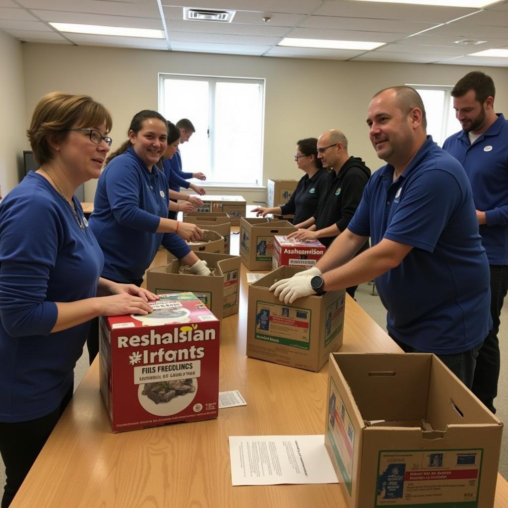 Volunteers packing food boxes at a local food bank