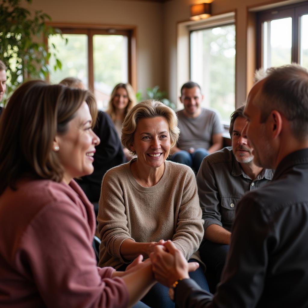 A diverse group of people gathered in a welcoming space