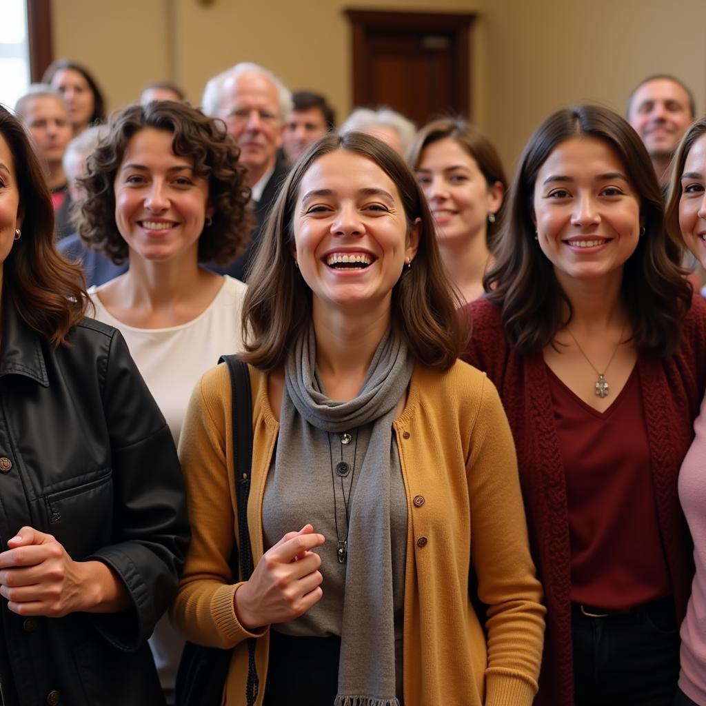 Diverse group of people gathered in a circle, holding hands and smiling