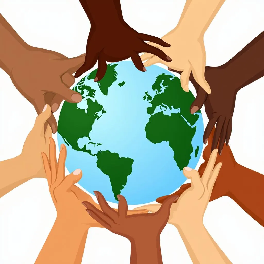 Diverse hands forming a circle around a globe symbol