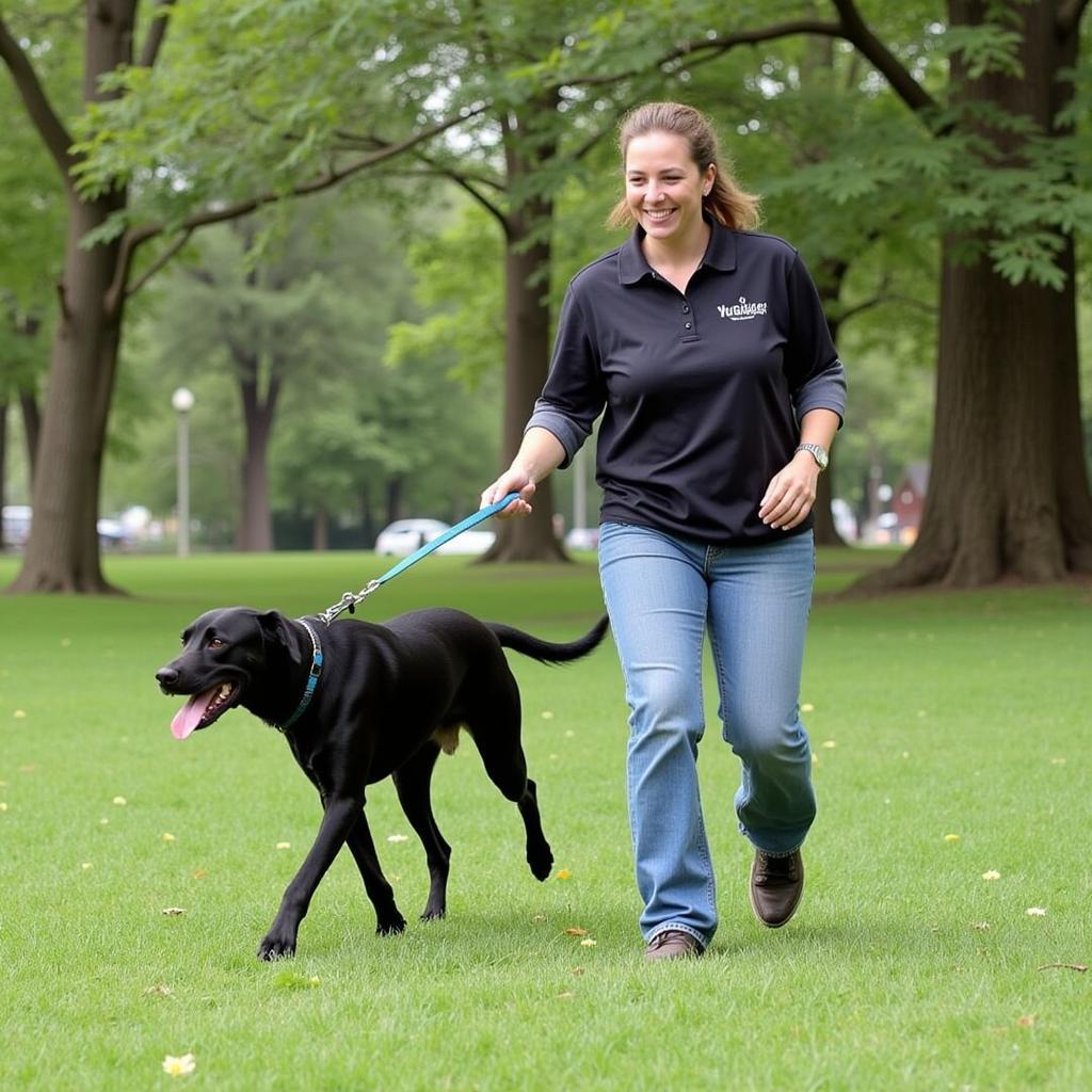 Volunteer walking a dog at Valley River Humane Society