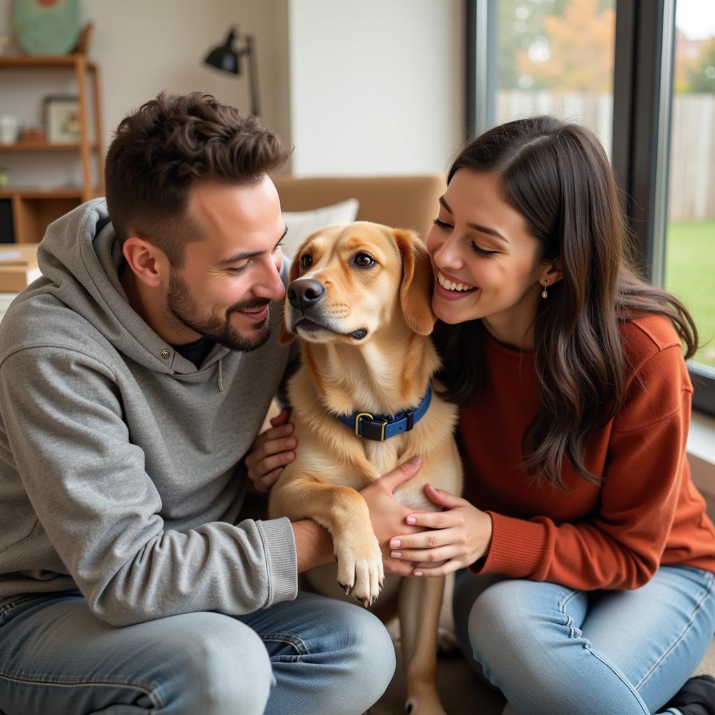 A joyous family smiles as they finalize the adoption of their new canine companion at the Versailles Humane Society