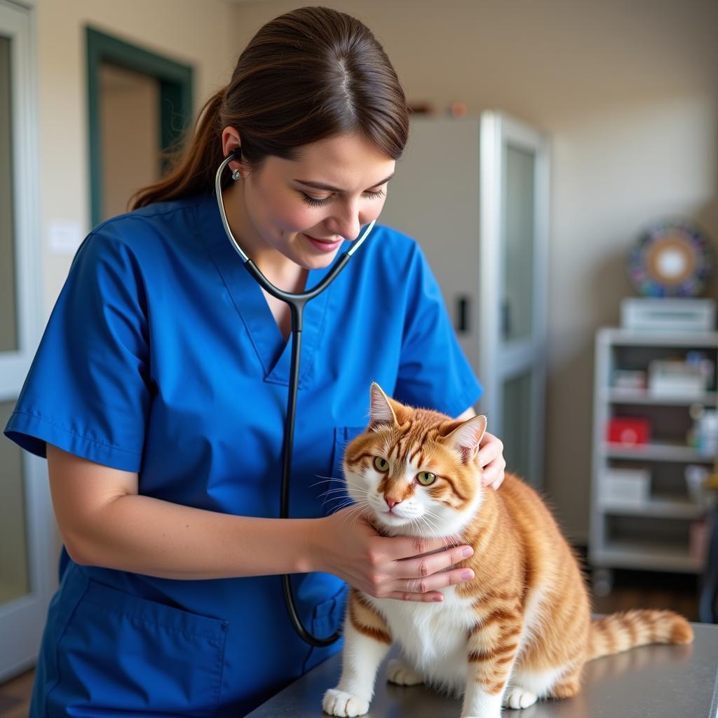 Veterinarian examining a cat at an animal shelter