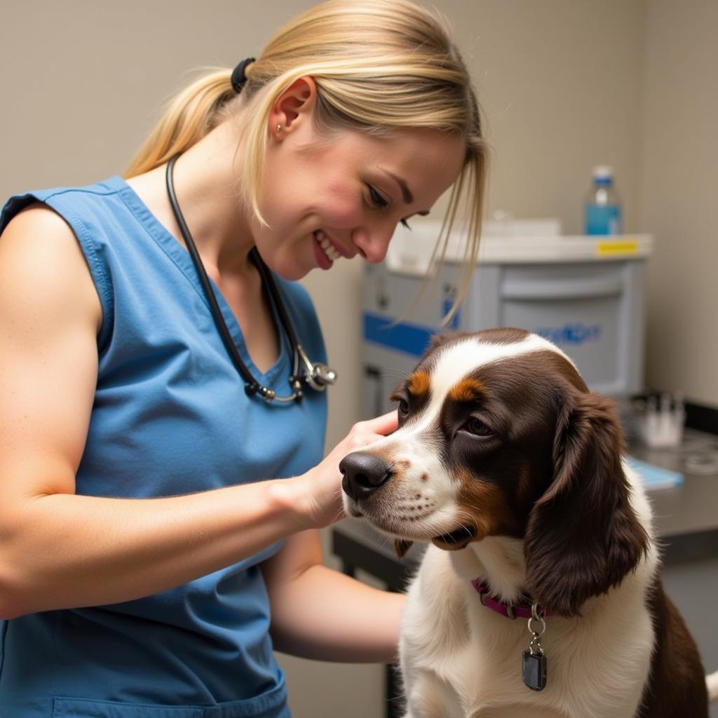 A veterinarian at the Humane Society Mahoning County providing care to a dog.