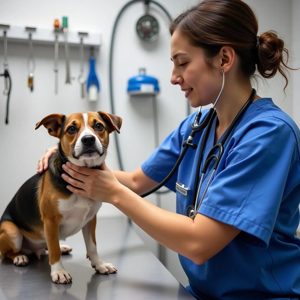 A veterinarian wearing blue scrubs is carefully examining a small brown and white dog on an examination table at the Wellington Humane Society. 