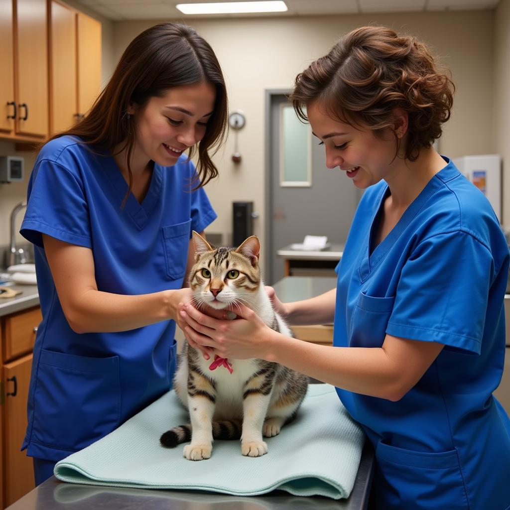 A compassionate veterinarian gently examines a rescued cat at the Shelby County Humane Society.