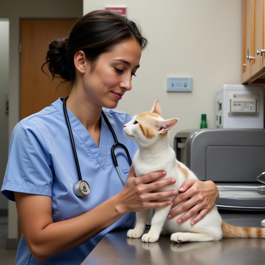 A veterinarian provides compassionate care to a cat, ensuring its health and well-being