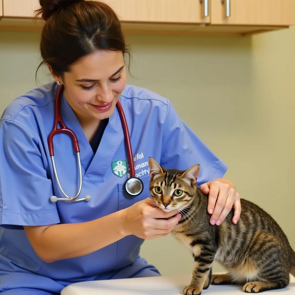 Veterinarian examining a cat at the Bristol Humane Society