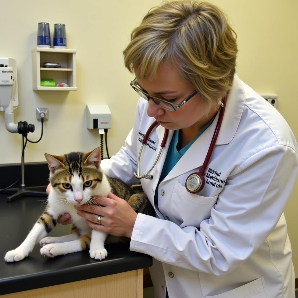 A veterinarian carefully examines a cat inside the Enfield NH Humane Society's medical wing.