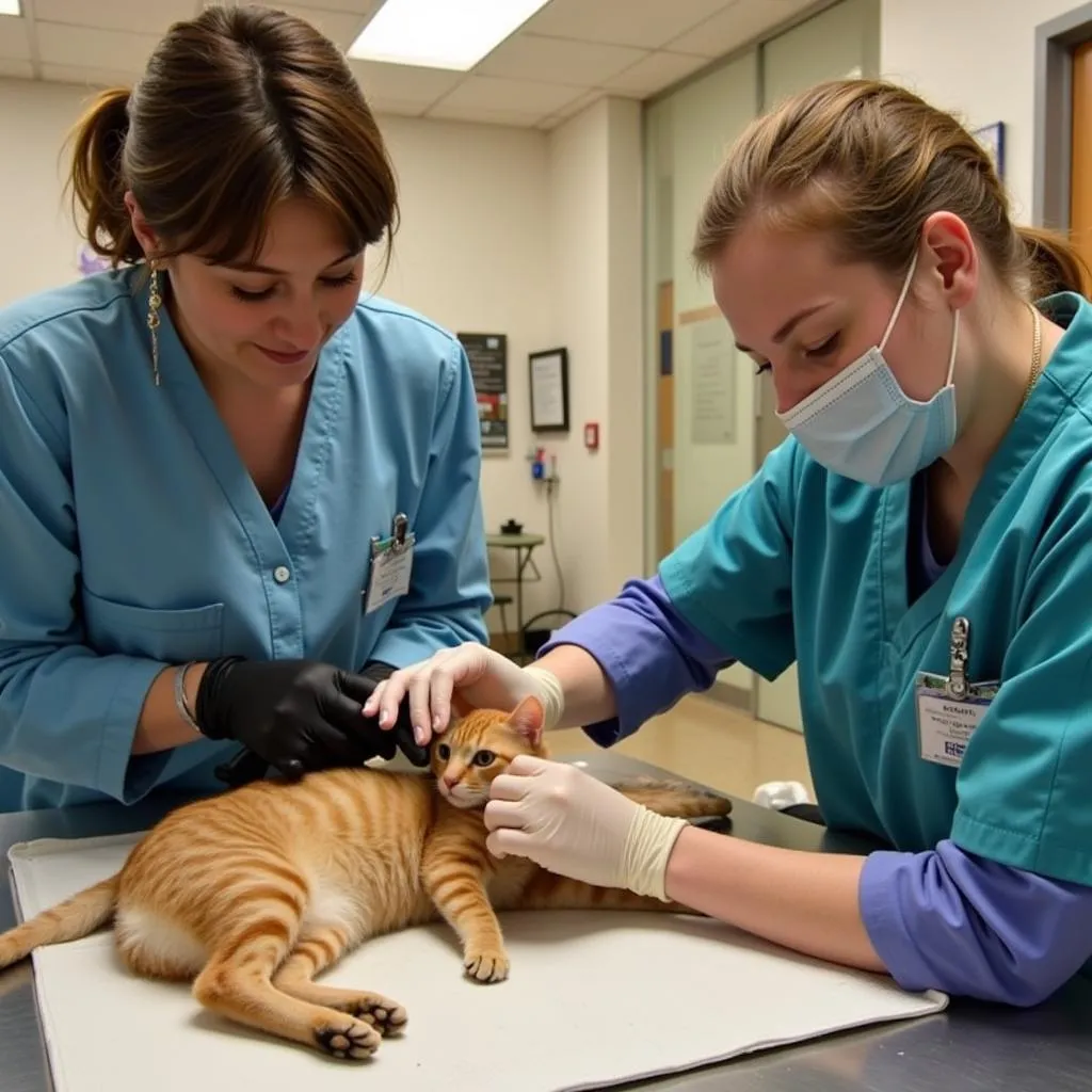 A veterinarian carefully examining a cat at the Humane Society