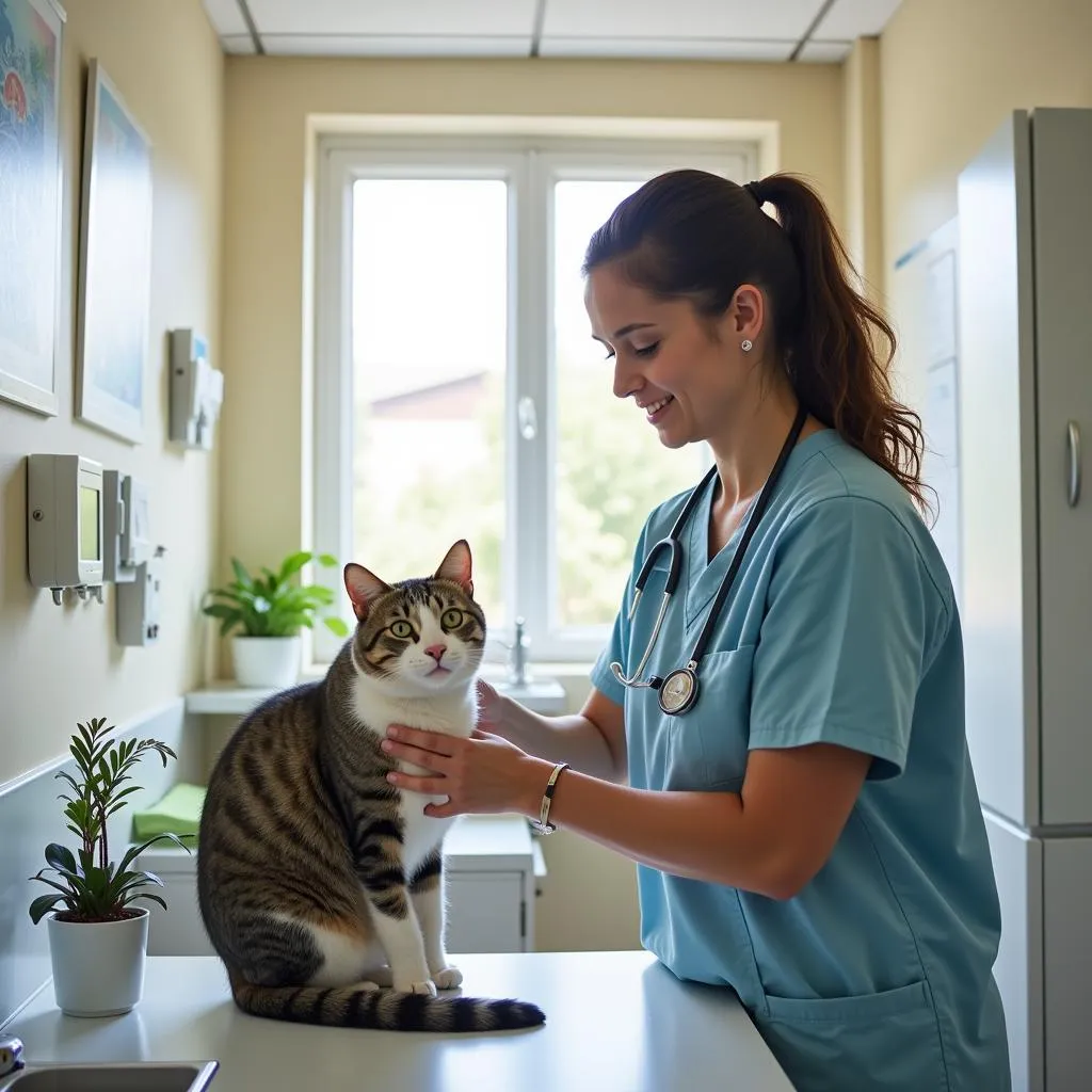 Veterinarian examining a cat in a modern clinic