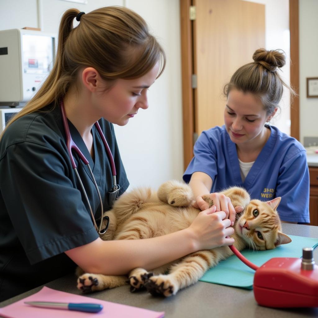  A veterinarian at Tri-County Humane Society examines a cat.