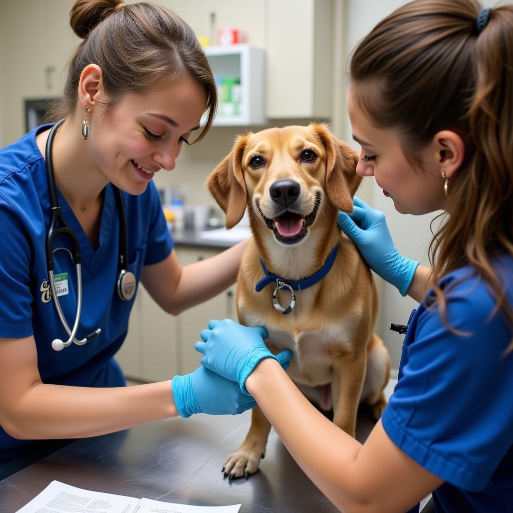 Experienced veterinarian providing compassionate care to a rescued dog