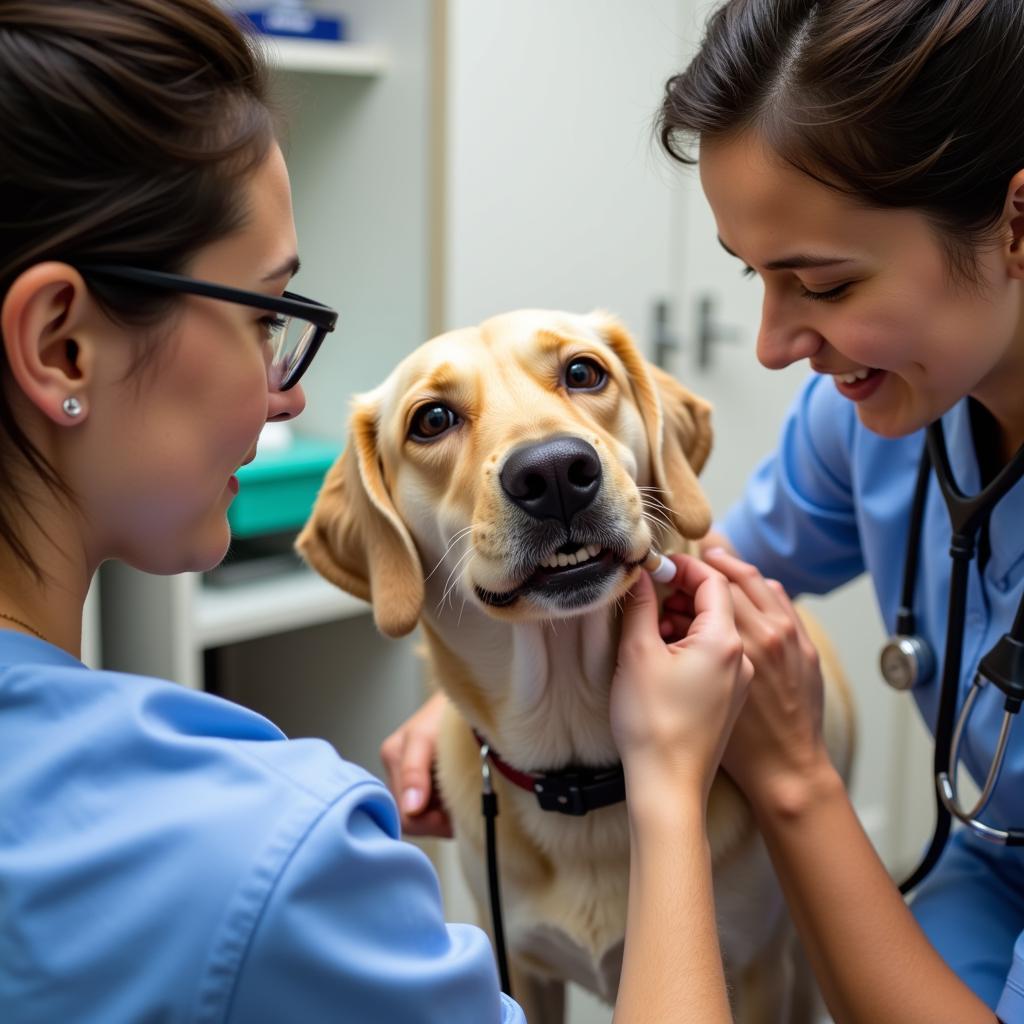 A veterinarian carefully examining a dog at the Greenville Ohio Humane Society.