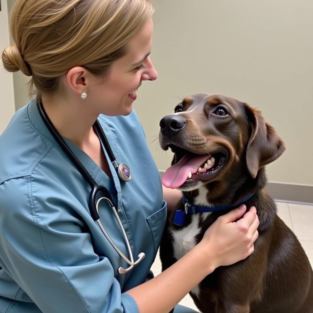 A veterinarian examining a dog at the Lewis and Clark Humane Society