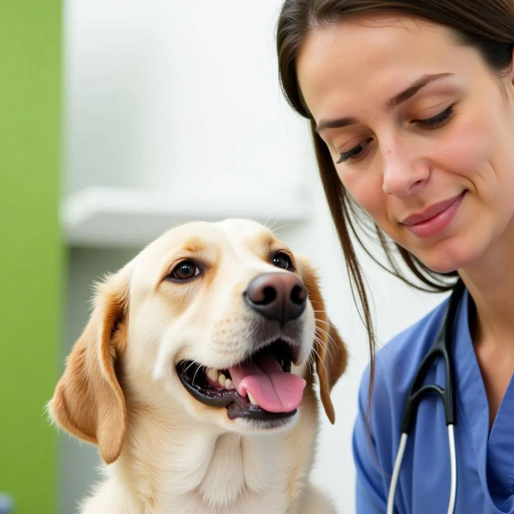 A veterinarian wearing a blue uniform carefully examines a brown and white dog at the Lincoln County Humane Society.