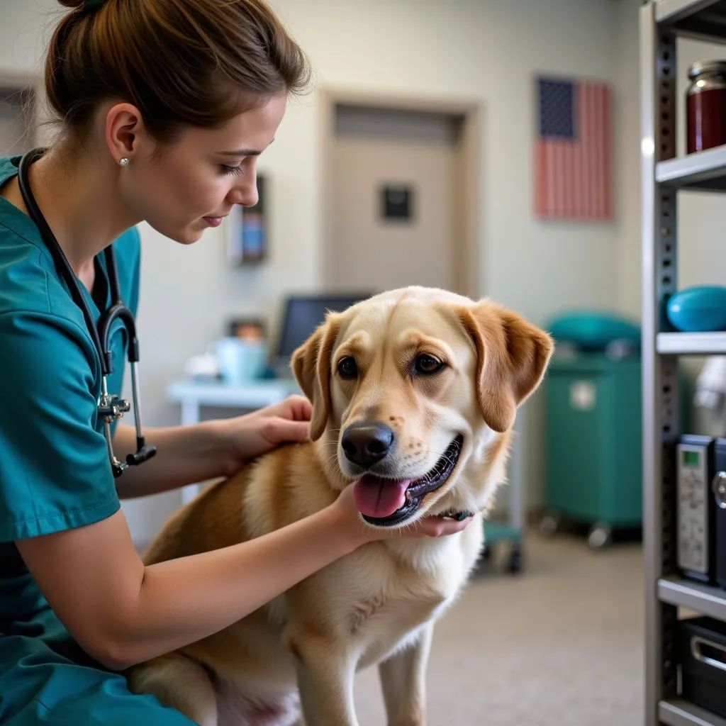 Veterinarian providing care to a dog in the shelter's clinic