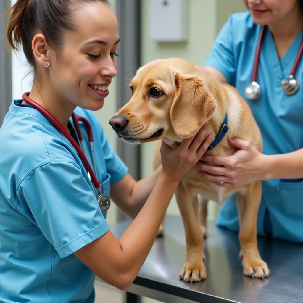 A veterinarian examining a dog at the Versailles KY Humane Society