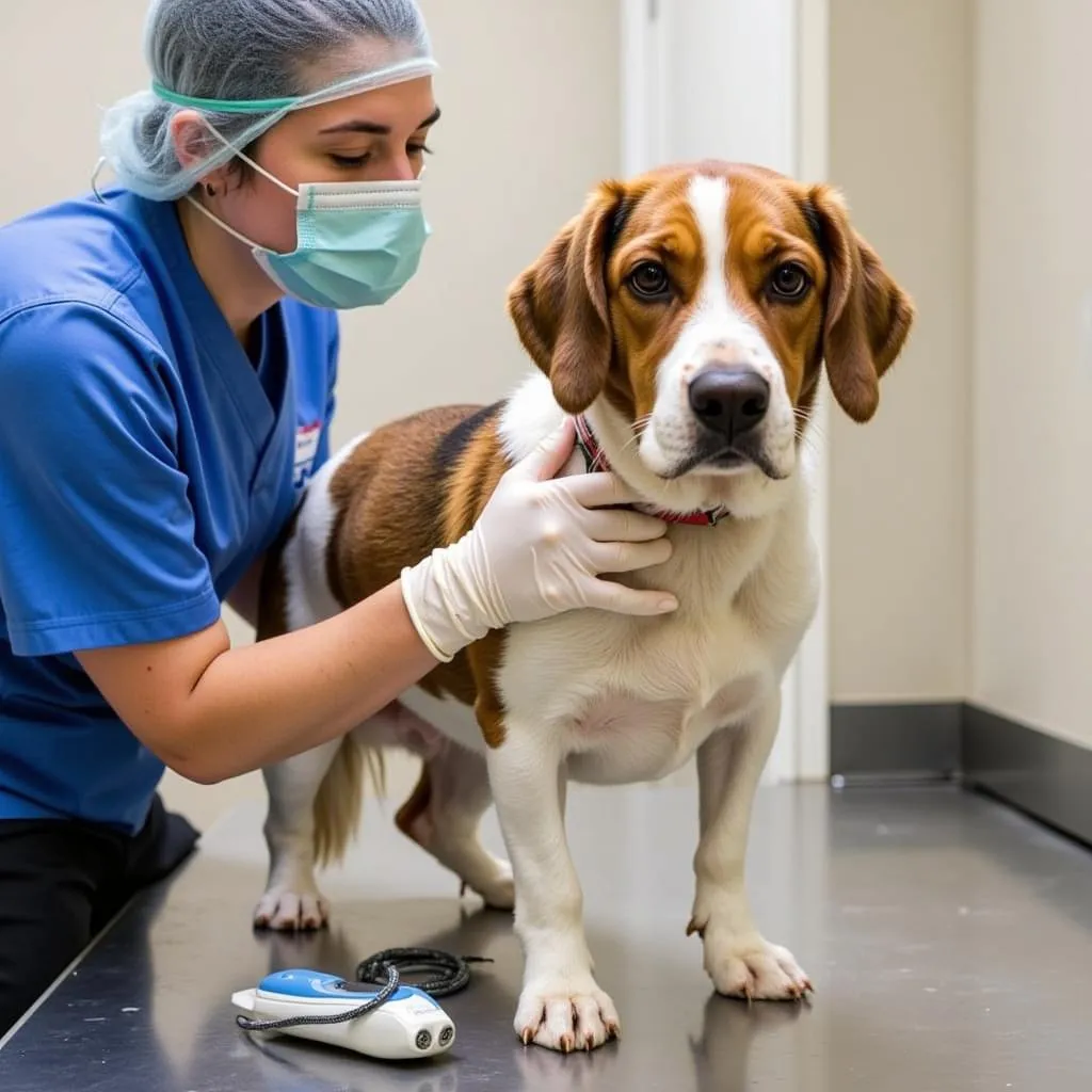 Veterinarian examining a dog at Austin Humane Society