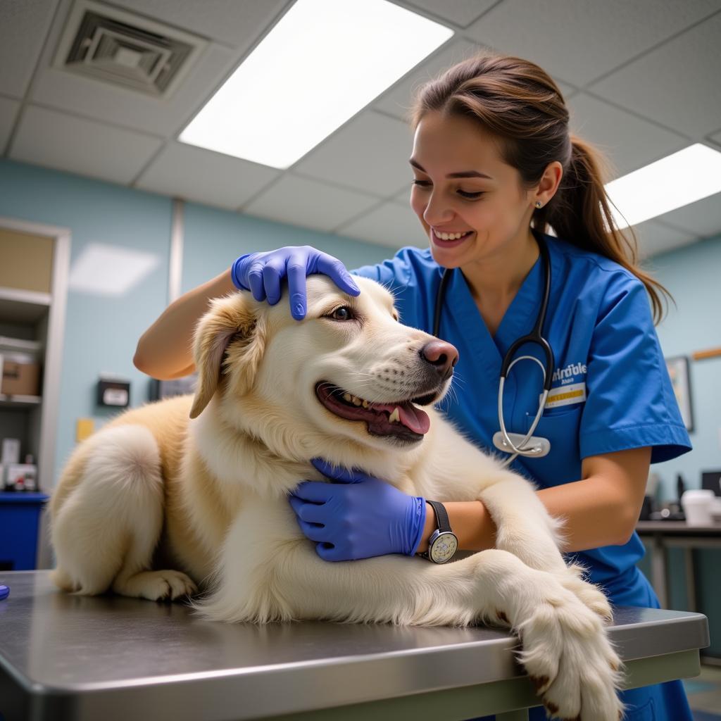 A veterinarian examines a dog at the Humane Society