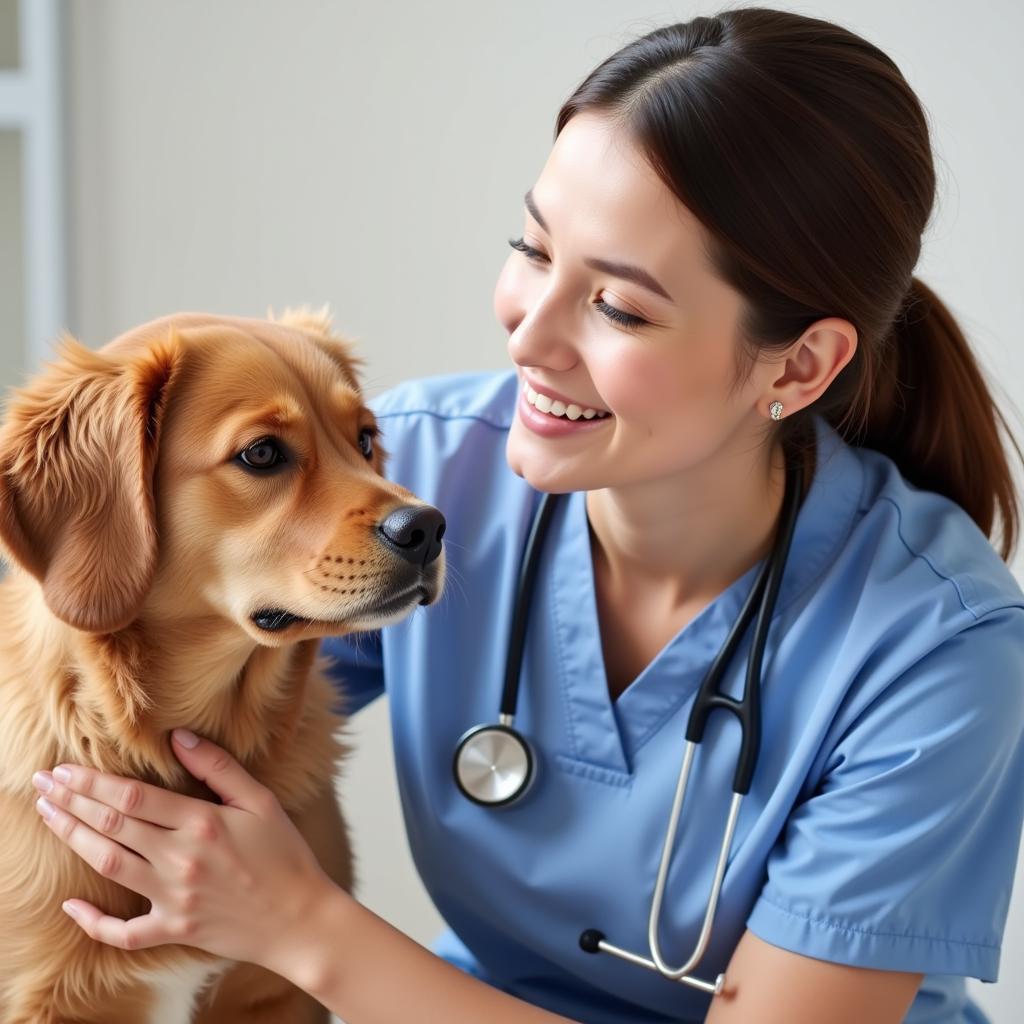 A veterinarian gently examining a dog at Society Hill Vet Hospital in Philadelphia