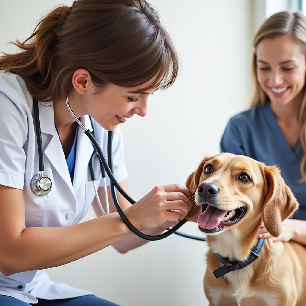 A veterinarian gently examines a dog at the Well Pet Clinic while the pet owner observes.