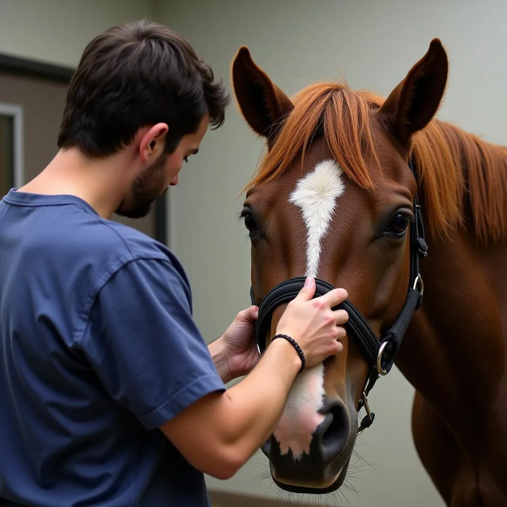 A veterinarian carefully examines a rescued horse as part of its rehabilitation process