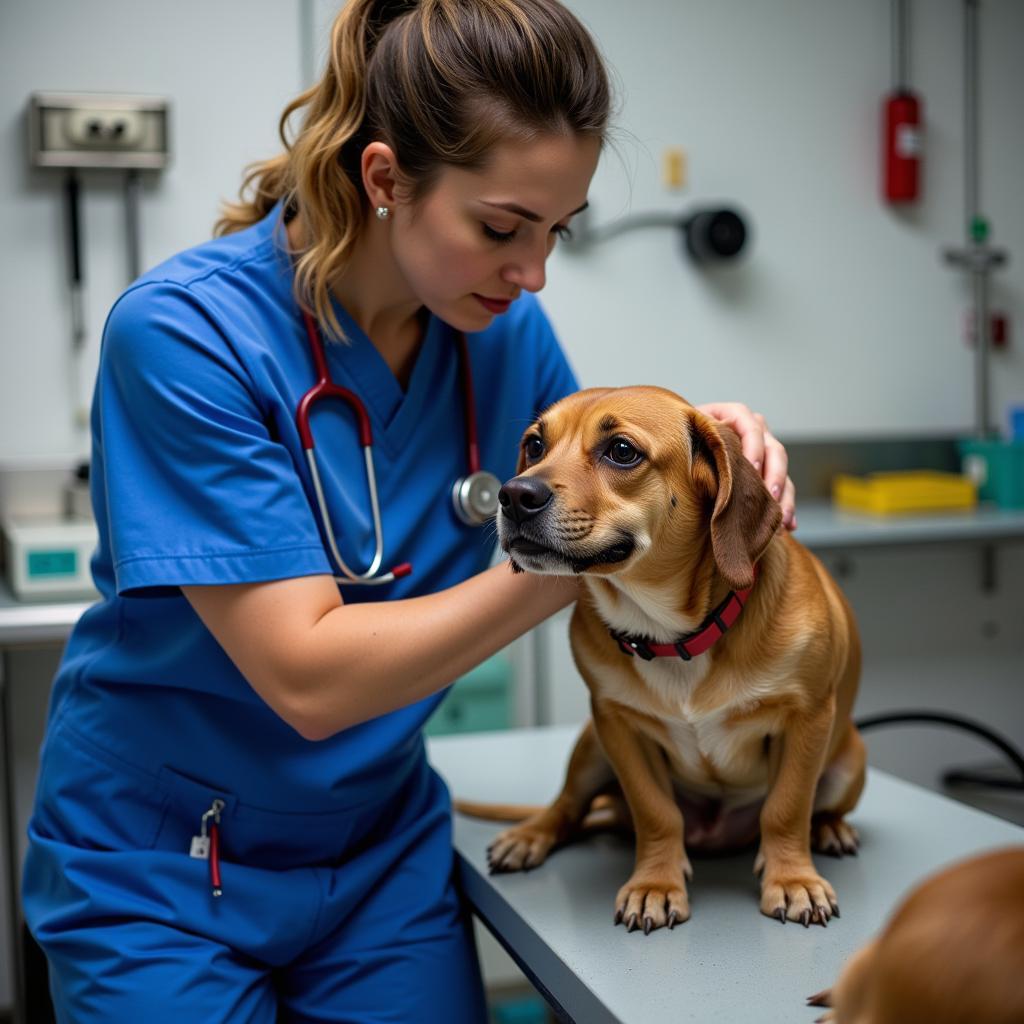 Veterinarian Examining a Sick Dog in a Shelter