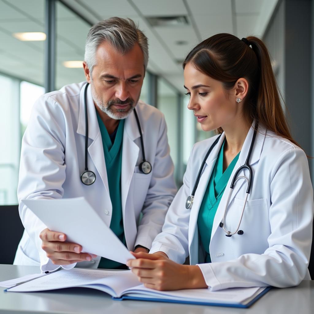 Two veterinarians discussing a case file.