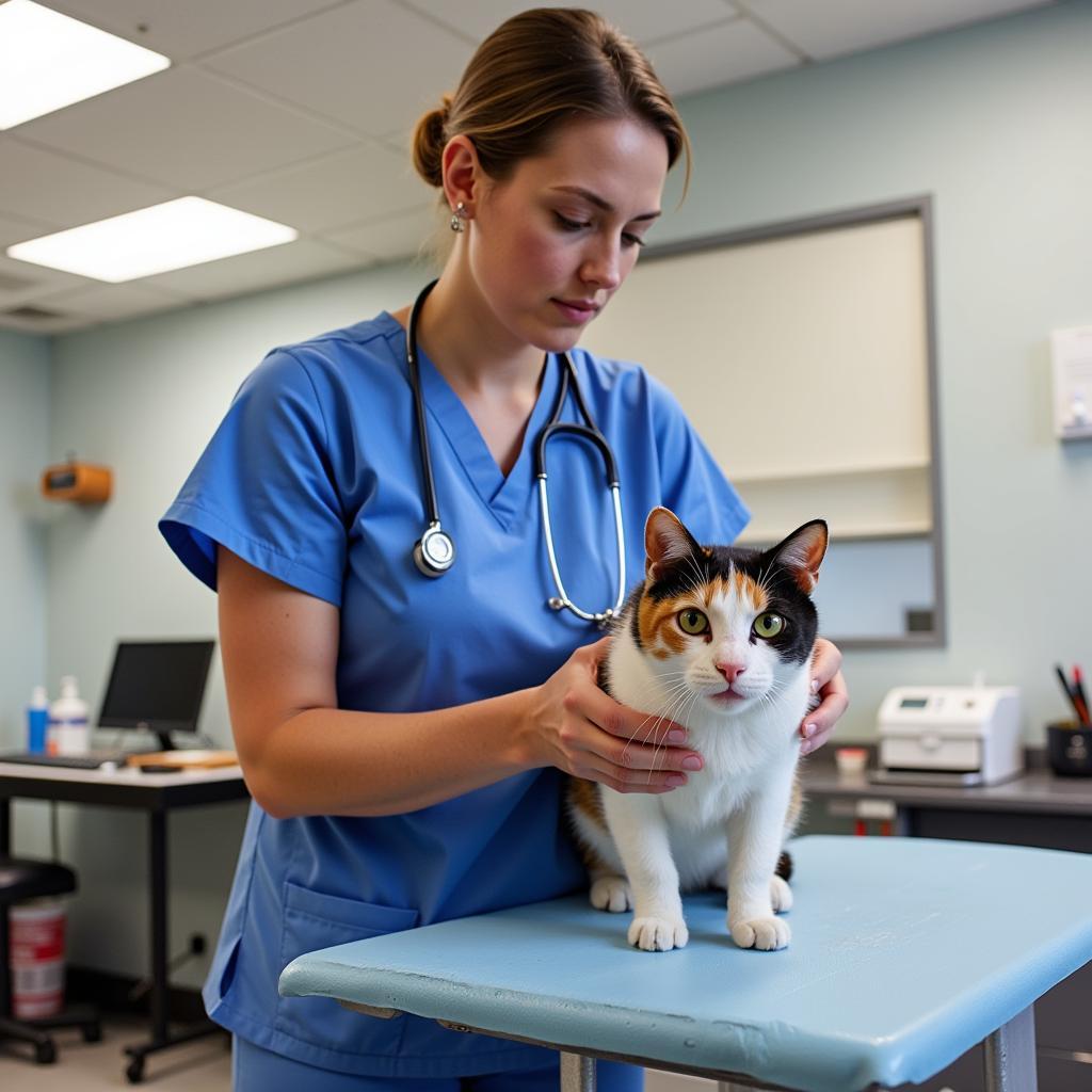 A skilled veterinary technician examines a cat at a bustling humane society.