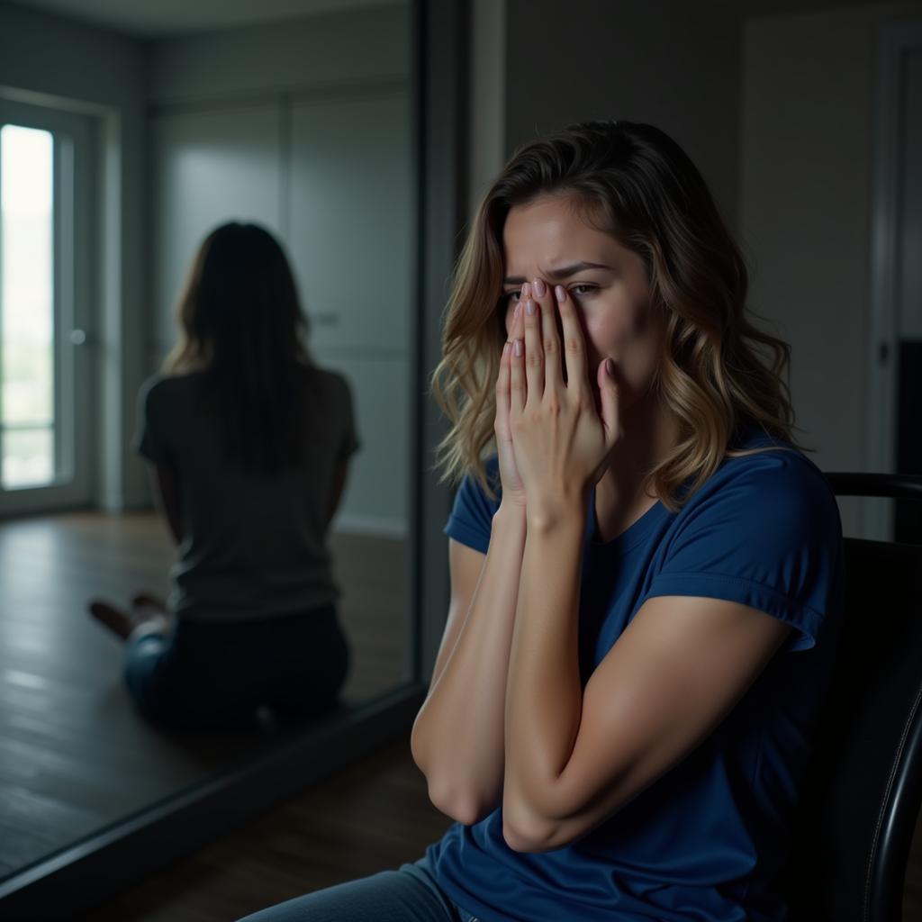 Individual feeling isolated and distressed in front of a computer screen