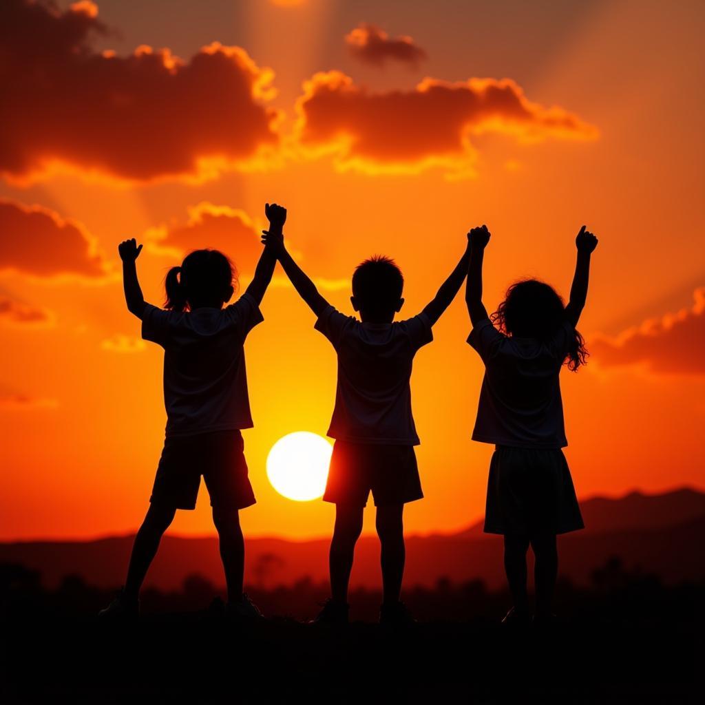  The four children celebrating with their arms raised in victory