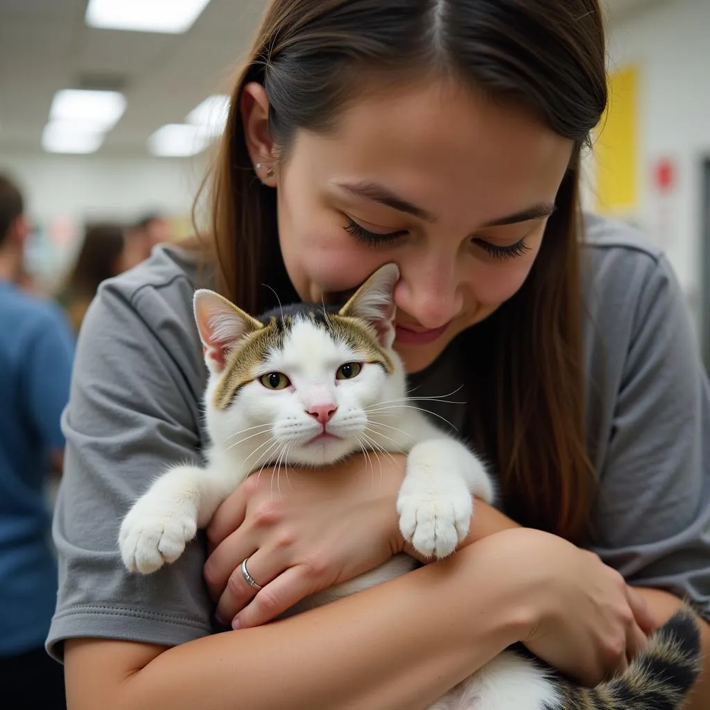 A volunteer cuddles a content cat at the Vincennes Humane Society.