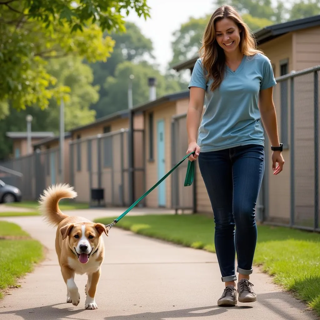 A volunteer walks a happy dog outside the Vincennes Humane Society.