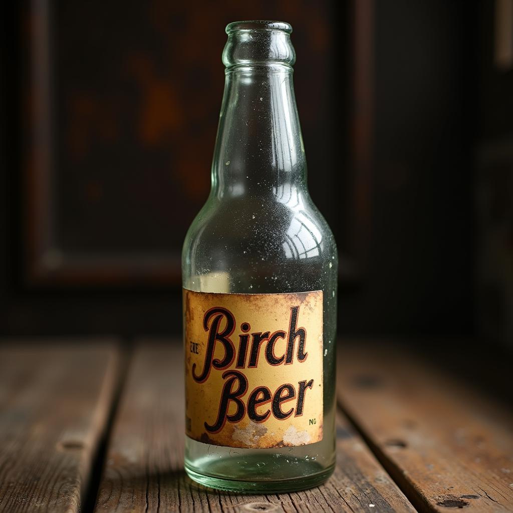 An antique glass bottle labeled "Birch Beer"