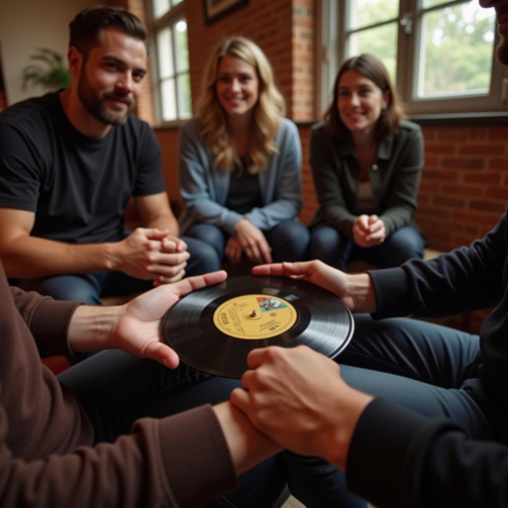 Enthusiasts Discussing a Vinyl Record