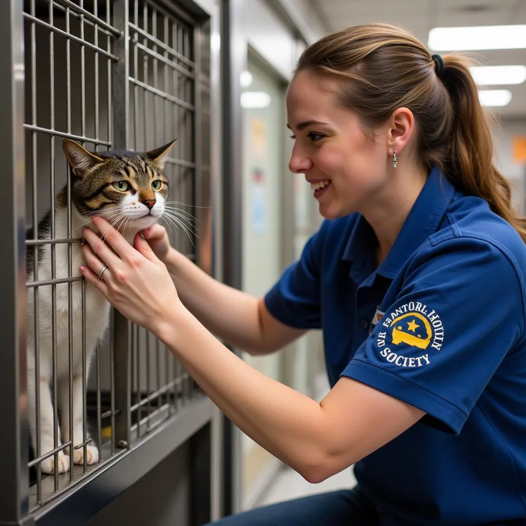 Volunteer Caring for Cat at Shelter