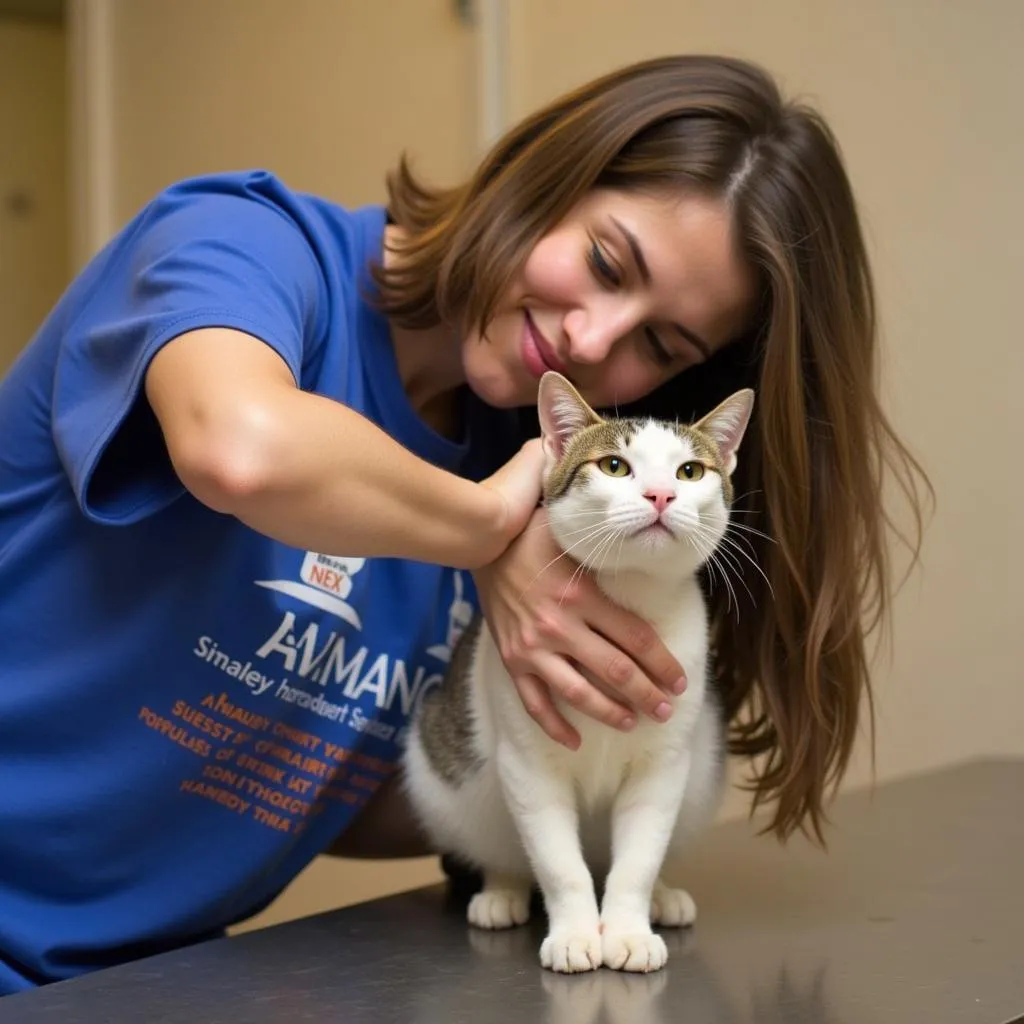 Volunteer gently pets a content cat at the Humane Society Harford County.