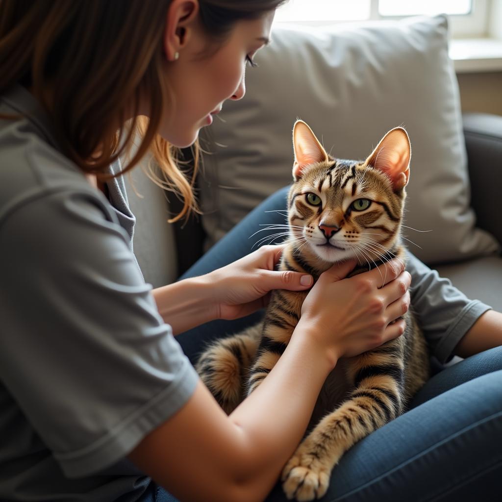 A volunteer tenderly cuddling a content cat at the shelter